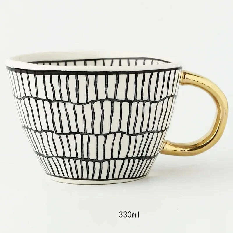 KIMLUD, Nordic Hand-painted Simple Large Capacity Water Cup Ceramic Household Breakfast Cup Irregular Office Coffee Cup, Rectangular grid gol / 301-400ml, KIMLUD Womens Clothes