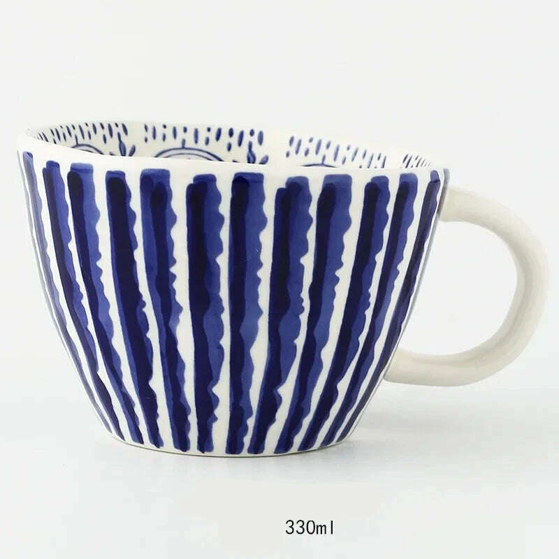 KIMLUD, Nordic Hand-painted Simple Large Capacity Water Cup Ceramic Household Breakfast Cup Irregular Office Coffee Cup, Dark blue stripes / 301-400ml, KIMLUD Womens Clothes