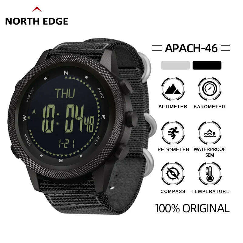 NORTH EDGE APACHE-46 Men's Digital Watch Military Sports Waterproof 50M Altimeter Barometer Compass World Time Wristwatch Clock - KIMLUD