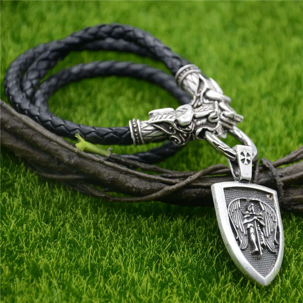 KIMLUD, Nostalgia Archangel Michael Protect Us Saint Shield Pendant Wolf Head Amulet Talisman Metal Chain Viking Necklace Accessoires, Style1 LeatherSilver, KIMLUD APPAREL - Womens Clothes