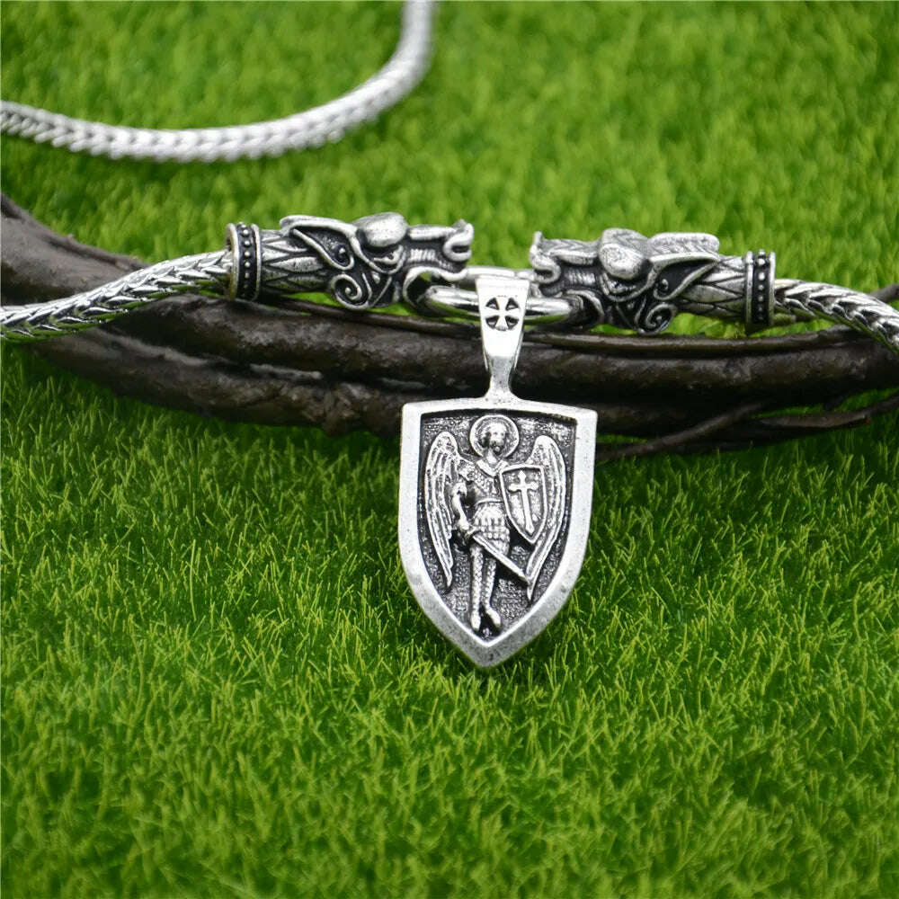 KIMLUD, Nostalgia Archangel Michael Protect Us Saint Shield Pendant Wolf Head Amulet Talisman Metal Chain Viking Necklace Accessoires, Style 3, KIMLUD APPAREL - Womens Clothes