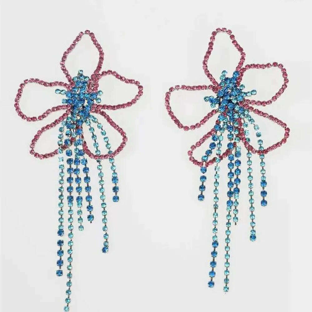 Novelly Rhinestone Geometric Large Flower Shape Stud Drop Earrings for Women Luxury Crystal Long Tassel Wedding Dangle Earrings - KIMLUD