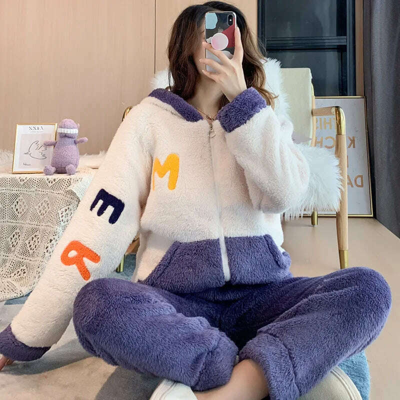 KIMLUD, Novelty Pajamas Winter Hooded Thick Flannel Pajamas Set Fat Laides Velvet Nightwear Sweatshirt Warm Kawaii Home Clothes, 531 purple / M(40-50kg), KIMLUD APPAREL - Womens Clothes