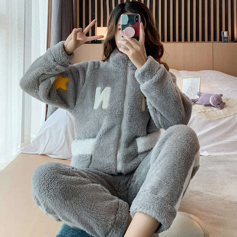 KIMLUD, Novelty Pajamas Winter Hooded Thick Flannel Pajamas Set Fat Laides Velvet Nightwear Sweatshirt Warm Kawaii Home Clothes, 533 gray / M(40-50kg), KIMLUD APPAREL - Womens Clothes