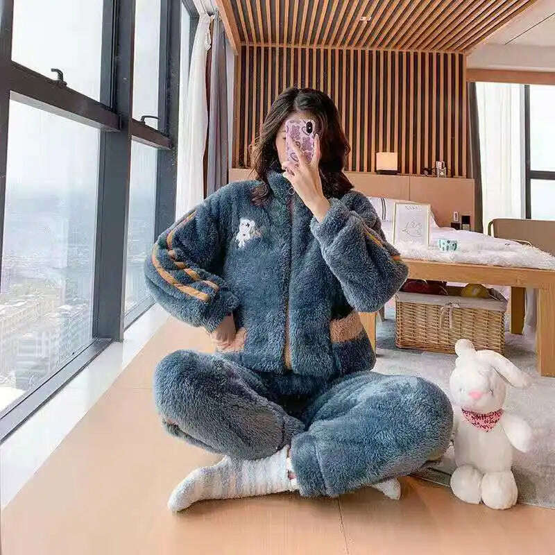 KIMLUD, Novelty Pajamas Winter Hooded Thick Flannel Pajamas Set Fat Laides Velvet Nightwear Sweatshirt Warm Kawaii Home Clothes, 538 gray / M(40-50kg), KIMLUD APPAREL - Womens Clothes