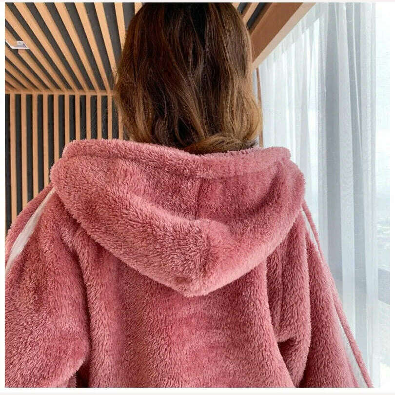 KIMLUD, Novelty Pajamas Winter Hooded Thick Flannel Pajamas Set Fat Laides Velvet Nightwear Sweatshirt Warm Kawaii Home Clothes, KIMLUD Womens Clothes