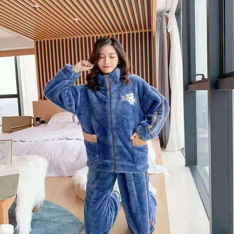 KIMLUD, Novelty Pajamas Winter Hooded Thick Flannel Pajamas Set Fat Laides Velvet Nightwear Sweatshirt Warm Kawaii Home Clothes, 538 blue / M(40-50kg), KIMLUD APPAREL - Womens Clothes