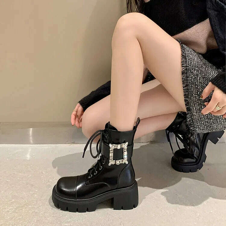 KIMLUD, Ochanmeb Real Leather Boots Women Crystal Button Chunky Block Heel Lace-up Bootie Goth Zipper Platform Shoes Woman Autumn Winter, KIMLUD Womens Clothes