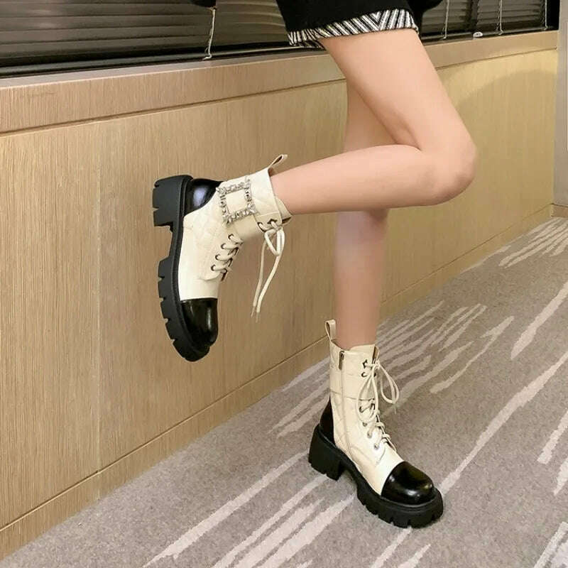 Ochanmeb Real Leather Boots Women Crystal Button Chunky Block Heel Lace-up Bootie Goth Zipper Platform Shoes Woman Autumn Winter - KIMLUD