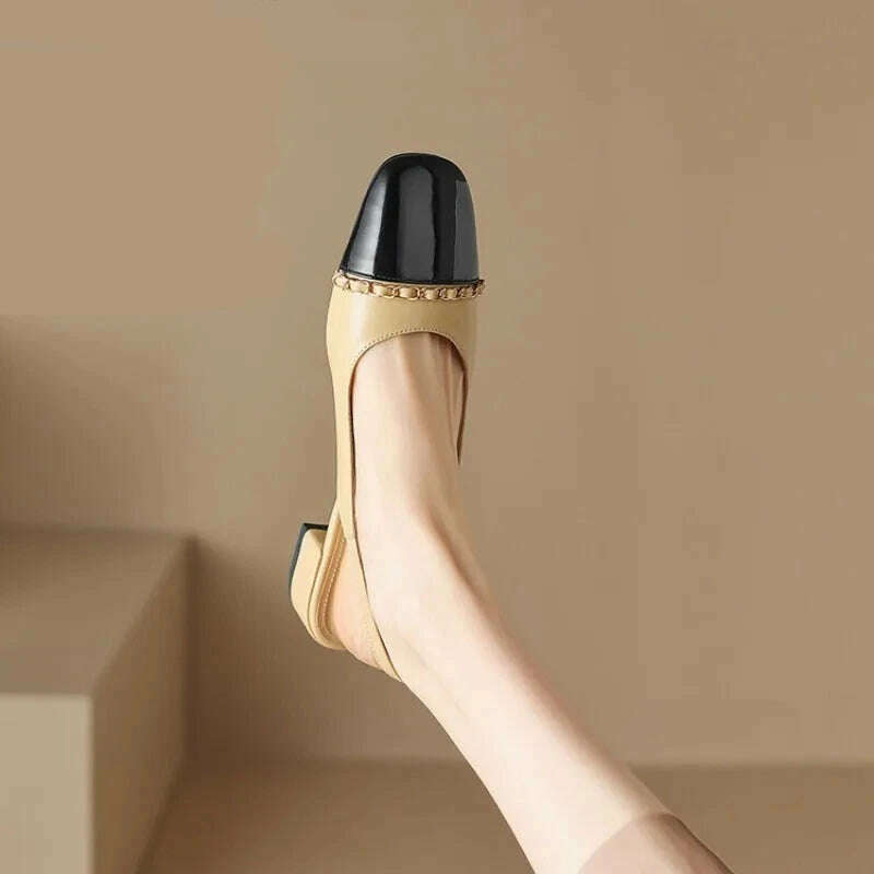 Size 33-43 Women Genuine Leather Slingbacks Shoes Designer Metal Chain Mix-color Block Heels Buckle Pumps Ladies Spring - KIMLUD
