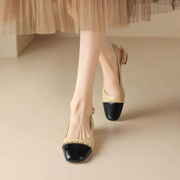 Size 33-43 Women Genuine Leather Slingbacks Shoes Designer Metal Chain Mix-color Block Heels Buckle Pumps Ladies Spring - KIMLUD