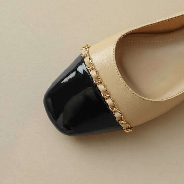 Size 33-43 Women Genuine Leather Slingbacks Shoes Designer Metal Chain Mix-color Block Heels Buckle Pumps Ladies Spring - KIMLUD