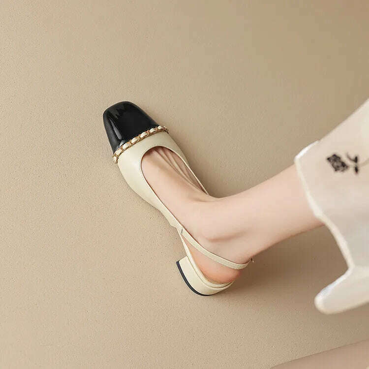 Size 33-43 Women Genuine Leather Slingbacks Shoes Designer Metal Chain Mix-color Block Heels Buckle Pumps Ladies Spring - KIMLUD
