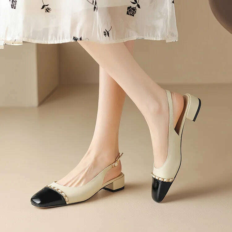 Size 33-43 Women Genuine Leather Slingbacks Shoes Designer Metal Chain Mix-color Block Heels Buckle Pumps Ladies Spring - KIMLUD