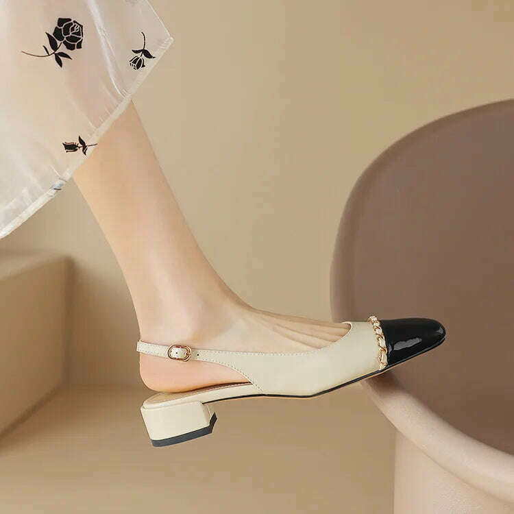 Size 33-43 Women Genuine Leather Slingbacks Shoes Designer Metal Chain Mix-color Block Heels Buckle Pumps Ladies Spring - KIMLUD