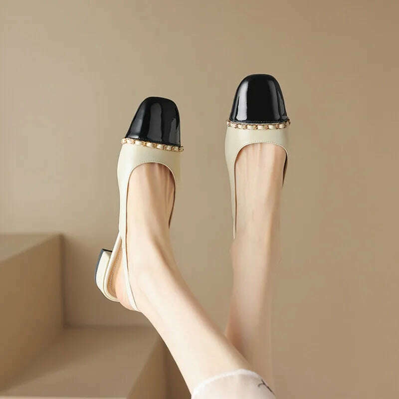 Size 33-43 Women Genuine Leather Slingbacks Shoes Designer Metal Chain Mix-color Block Heels Buckle Pumps Ladies Spring - KIMLUD