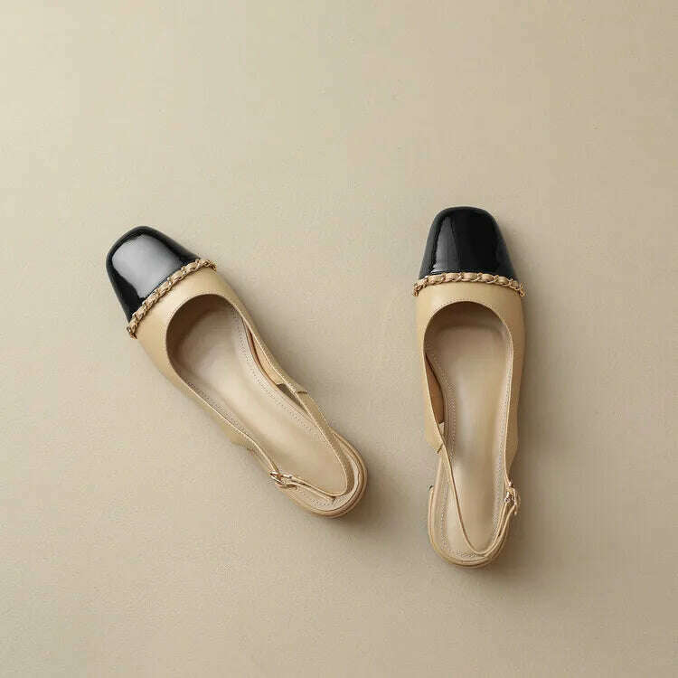 Size 33-43 Women Genuine Leather Slingbacks Shoes Designer Metal Chain Mix-color Block Heels Buckle Pumps Ladies Spring - KIMLUD