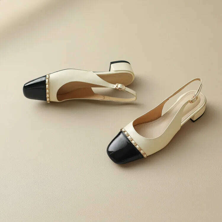 Size 33-43 Women Genuine Leather Slingbacks Shoes Designer Metal Chain Mix-color Block Heels Buckle Pumps Ladies Spring - KIMLUD
