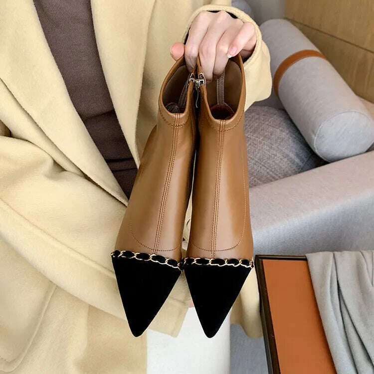 KIMLUD, Women Luxury Designer Chain Mix-color Boots Sheep Suede Pointy Toe Kitten Heel Ankle Boot Nude Autumn Winter Shoe Botas, KIMLUD Womens Clothes