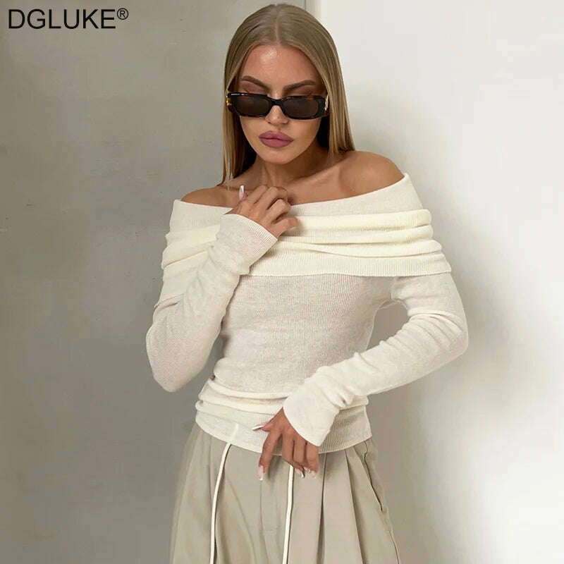 Off Shoulder Sweater Women Winter Wool Cashmere Sweater Slash Neck Long Sleeve Knitted Top Female Jumper Sweaters Knitwear - KIMLUD