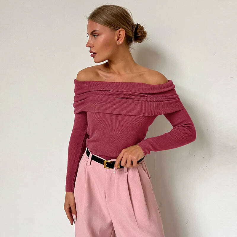 Off Shoulder Sweater Women Winter Wool Cashmere Sweater Slash Neck Long Sleeve Knitted Top Female Jumper Sweaters Knitwear - KIMLUD