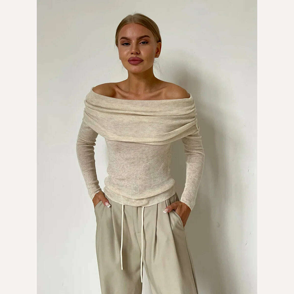 KIMLUD, Off Shoulder Sweater Women Winter Wool Cashmere Sweater Slash Neck Long Sleeve Knitted Top Female Jumper Sweaters Knitwear, Apricot / S, KIMLUD APPAREL - Womens Clothes