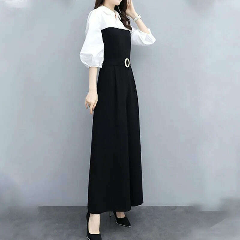 KIMLUD, Office Lady Fashion Solid Color Spliced Jumpsuits Summer Female 3/4 Sleeve Casual High Waist Wide Leg Jumpsuits Women's Clothing, KIMLUD Womens Clothes