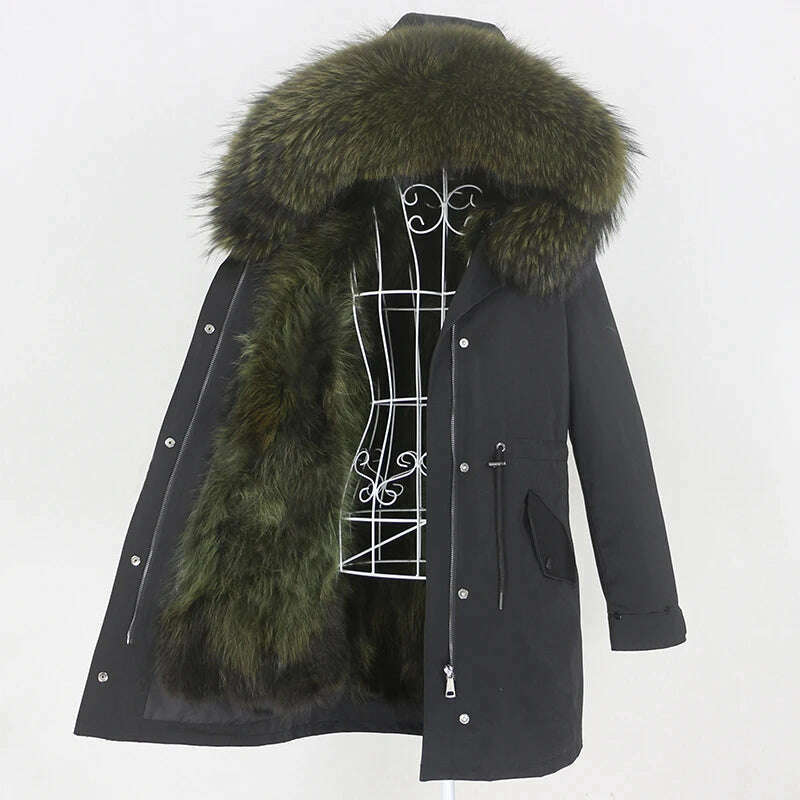 KIMLUD, OFTBUY 2022 Real Fur Coat Long Parka Winter Jacket Women Natural Raccoon Fur Collar Real Fox Fur Liner Detachable Streetwear New, black green D / L, KIMLUD APPAREL - Womens Clothes