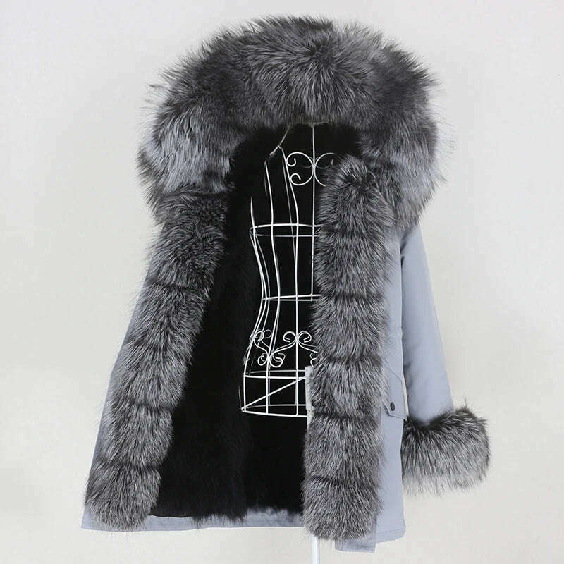 KIMLUD, OFTBUY 2022 Real Fur Coat Long Parka Winter Jacket Women Natural Raccoon Fur Collar Real Fox Fur Liner Detachable Streetwear New, grey silver H / XXL, KIMLUD APPAREL - Womens Clothes