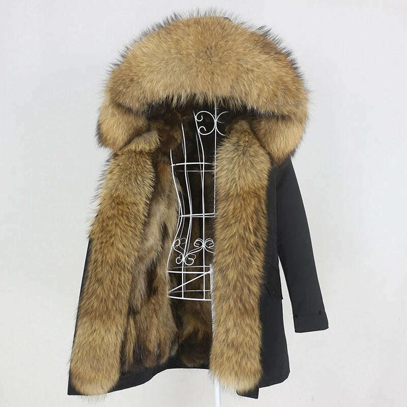 KIMLUD, OFTBUY 2022 Real Fur Coat Long Parka Winter Jacket Women Natural Raccoon Fur Collar Real Fox Fur Liner Detachable Streetwear New, black natural E / XS, KIMLUD APPAREL - Womens Clothes