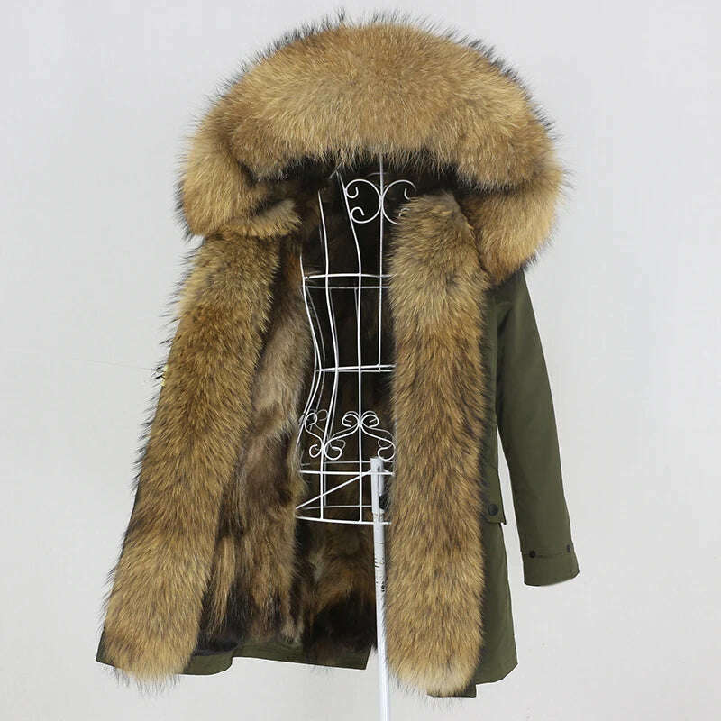 KIMLUD, OFTBUY 2022 Real Fur Coat Long Parka Winter Jacket Women Natural Raccoon Fur Collar Real Fox Fur Liner Detachable Streetwear New, green natural E / XS, KIMLUD APPAREL - Womens Clothes