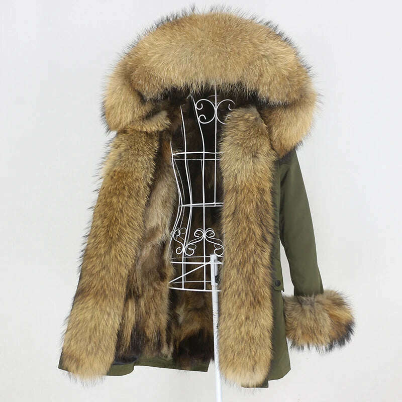 KIMLUD, OFTBUY 2022 Real Fur Coat Long Parka Winter Jacket Women Natural Raccoon Fur Collar Real Fox Fur Liner Detachable Streetwear New, green naturalF / XS, KIMLUD APPAREL - Womens Clothes