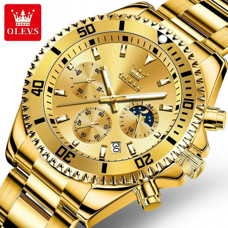 OLEVS 2870 Men's Watches Golden Stainless Steel Calendar Moon phase Chronograph 42.5mm Big Dial Men's Wristwatches Original - KIMLUD