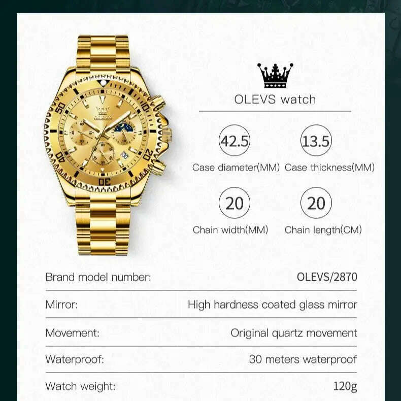 OLEVS 2870 Men's Watches Golden Stainless Steel Calendar Moon phase Chronograph 42.5mm Big Dial Men's Wristwatches Original - KIMLUD