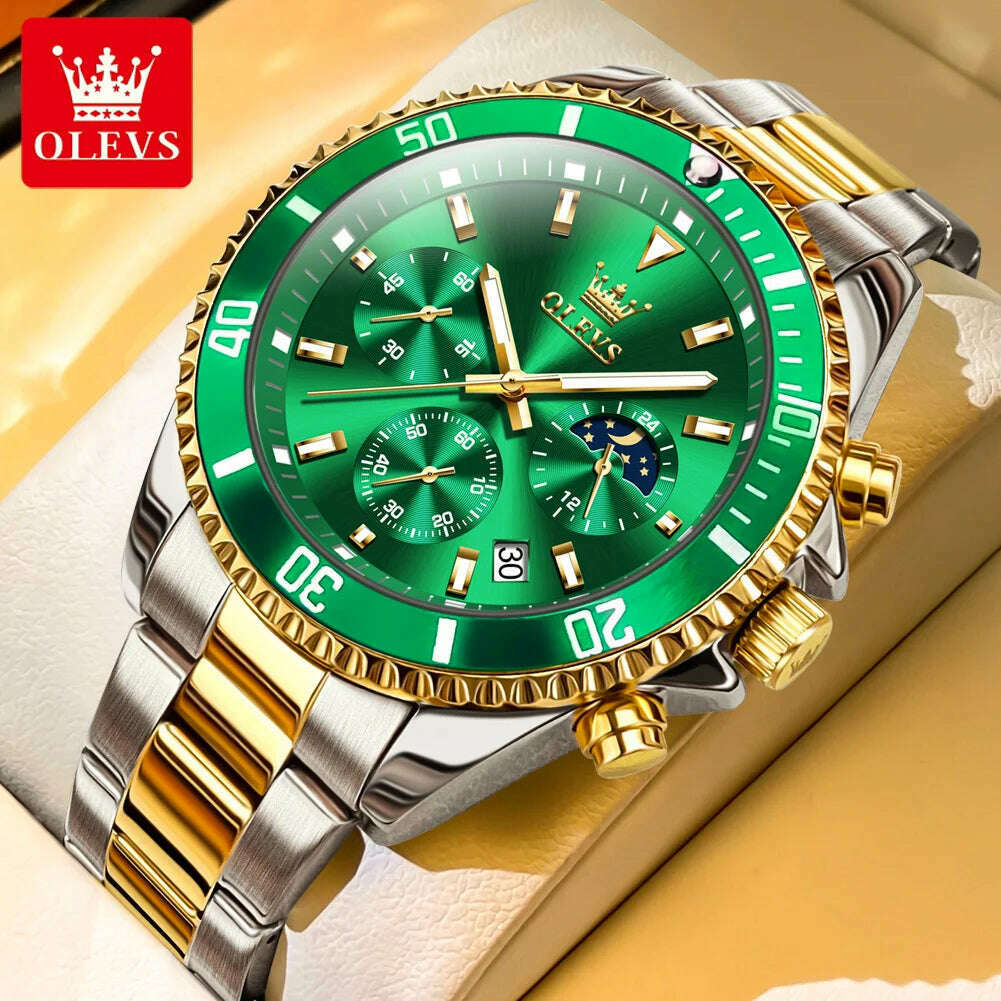 KIMLUD, OLEVS 2870 Men's Watches Golden Stainless Steel Calendar Moon phase Chronograph 42.5mm Big Dial Men's Wristwatches Original, green / Yes / CHINA, KIMLUD APPAREL - Womens Clothes