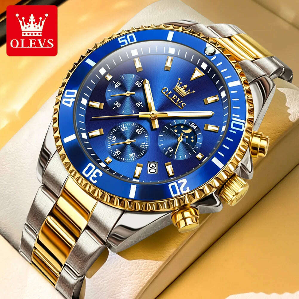 OLEVS 2870 Men's Watches Golden Stainless Steel Calendar Moon phase Chronograph 42.5mm Big Dial Men's Wristwatches Original - KIMLUD