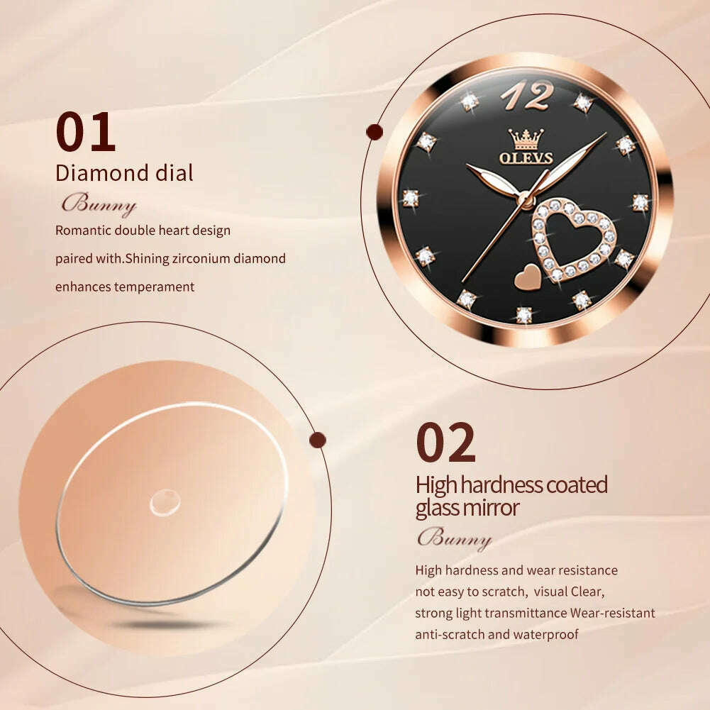 KIMLUD, OLEVS 5189 Luxury Quartz Watch For Women Waterproof Luminous Stainless Steel Women's Watches Heart Shape Simple Dial Hand Clock, KIMLUD Womens Clothes