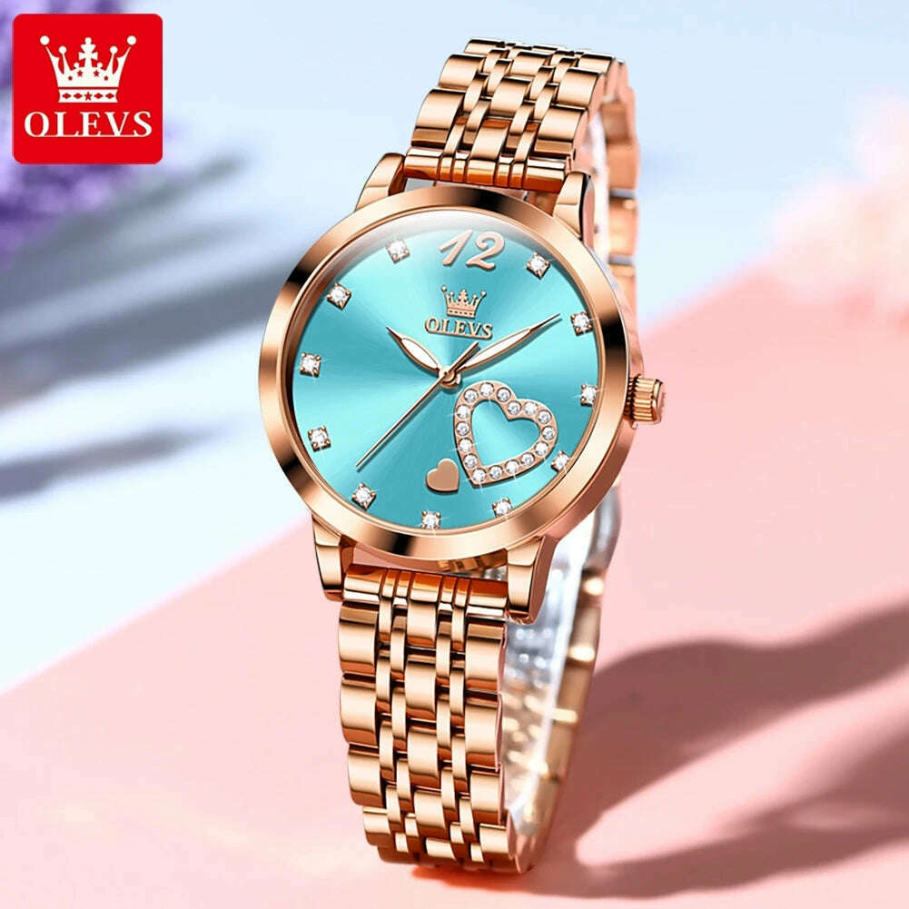 KIMLUD, OLEVS 5189 Luxury Quartz Watch For Women Waterproof Luminous Stainless Steel Women's Watches Heart Shape Simple Dial Hand Clock, Blue Face / CHINA, KIMLUD APPAREL - Womens Clothes