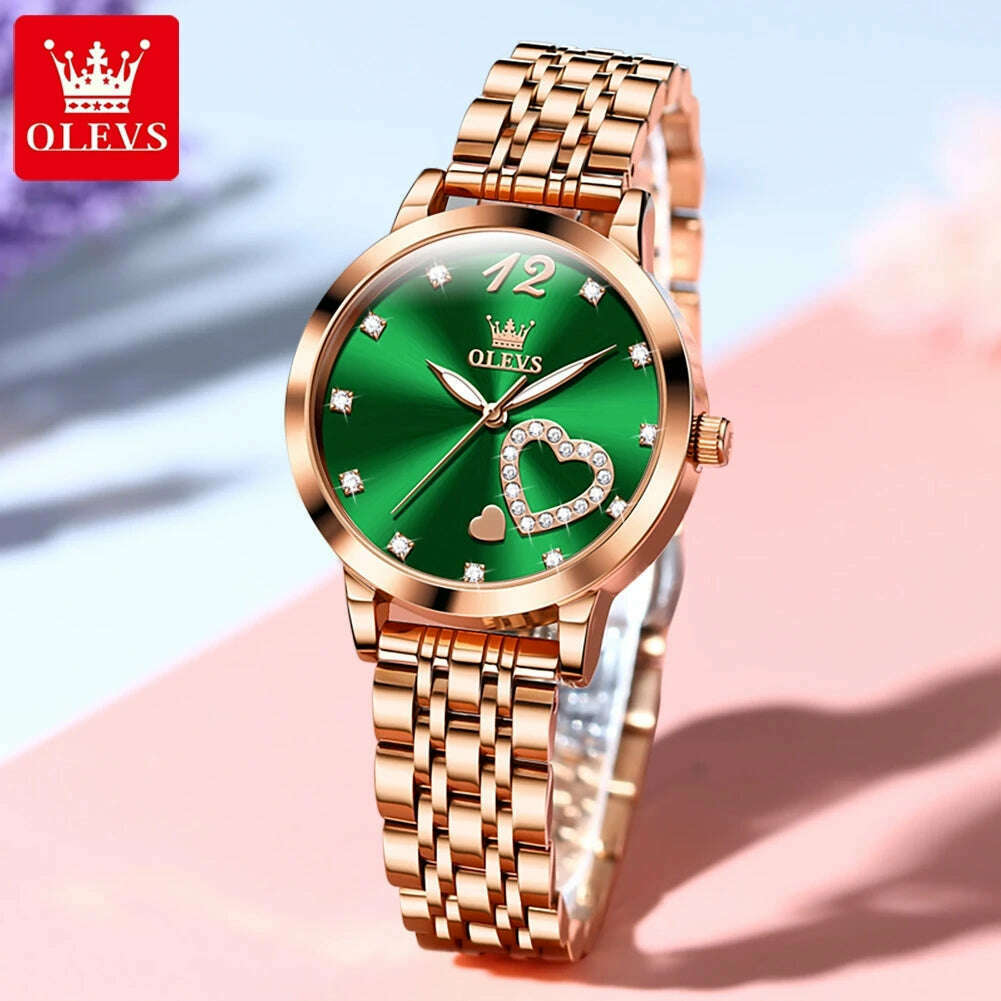 KIMLUD, OLEVS 5189 Luxury Quartz Watch For Women Waterproof Luminous Stainless Steel Women's Watches Heart Shape Simple Dial Hand Clock, Green Face / CHINA, KIMLUD APPAREL - Womens Clothes