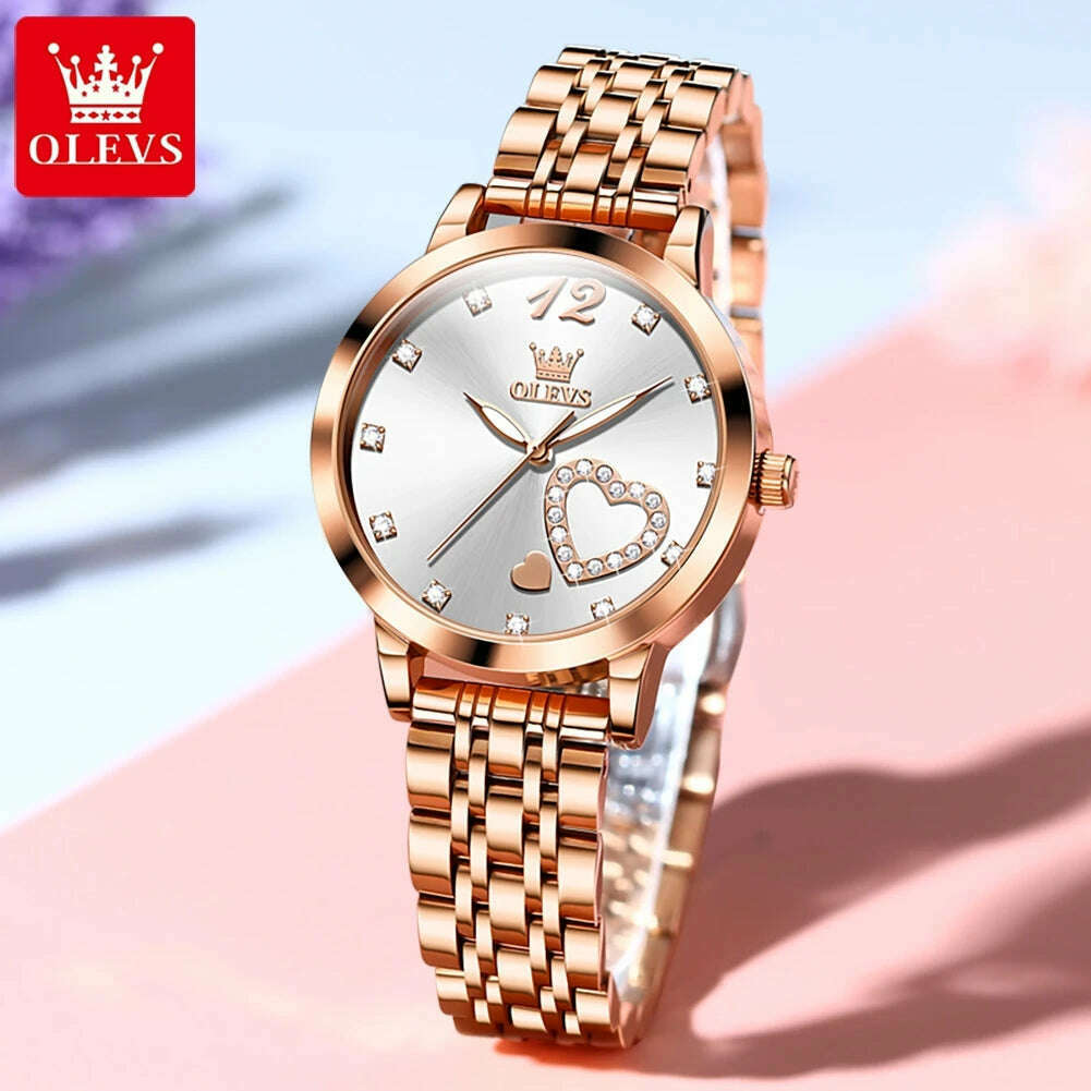 OLEVS 5189 Luxury Quartz Watch For Women Waterproof Luminous Stainless Steel Women's Watches Heart Shape Simple Dial Hand Clock - KIMLUD