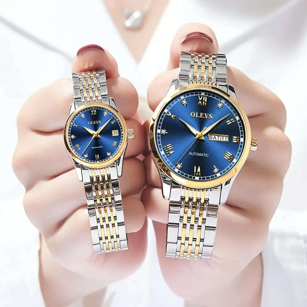 KIMLUD, OLEVS Couple Automatic Mechanical Watches Set for Her and Him Waterproof Men&#39;s And Women&#39;s Valentine&#39;s Day Watch Gift 6602 Hot, blue face / China, KIMLUD APPAREL - Womens Clothes