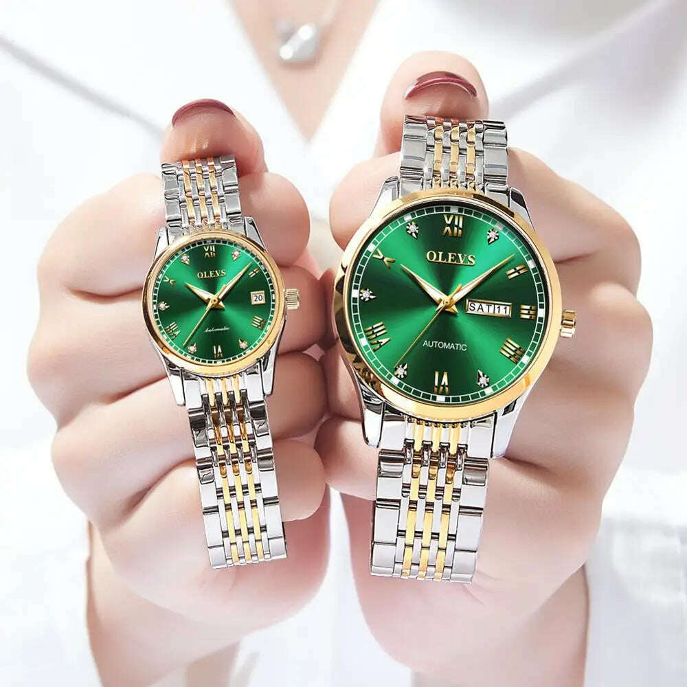 KIMLUD, OLEVS Couple Automatic Mechanical Watches Set for Her and Him Waterproof Men&#39;s And Women&#39;s Valentine&#39;s Day Watch Gift 6602 Hot, green face / China, KIMLUD APPAREL - Womens Clothes