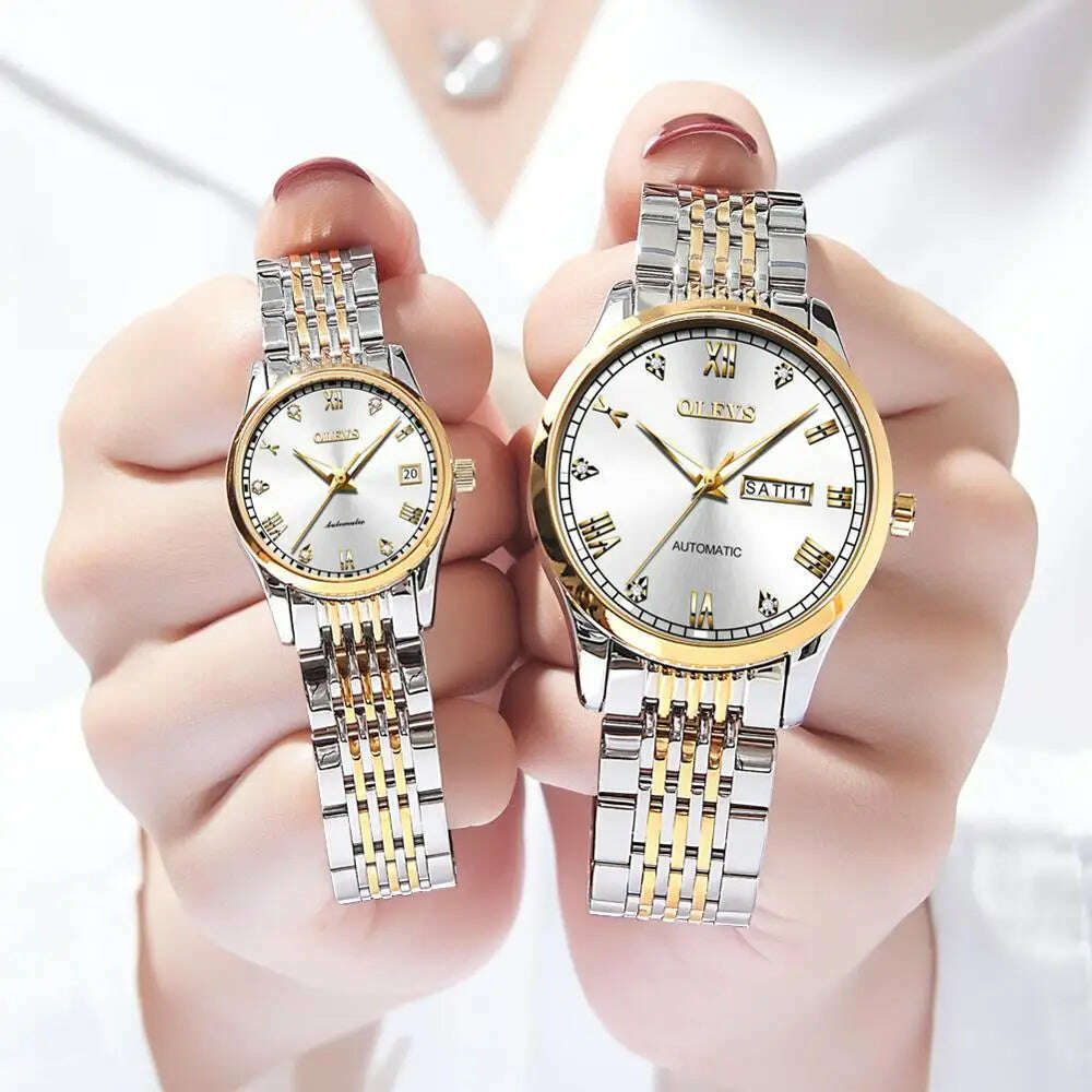 KIMLUD, OLEVS Couple Automatic Mechanical Watches Set for Her and Him Waterproof Men&#39;s And Women&#39;s Valentine&#39;s Day Watch Gift 6602 Hot, gold white face / China, KIMLUD APPAREL - Womens Clothes