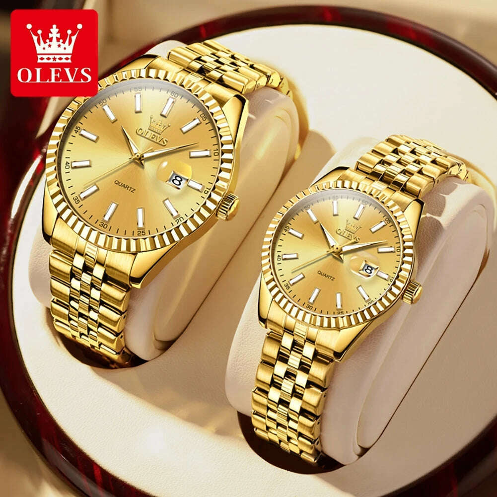 OLEVS Couple Watch Gold Stainless Steel Strap Quartz Watch His and Her Calendar Romantic Lover Original Luxury Male and Female - KIMLUD