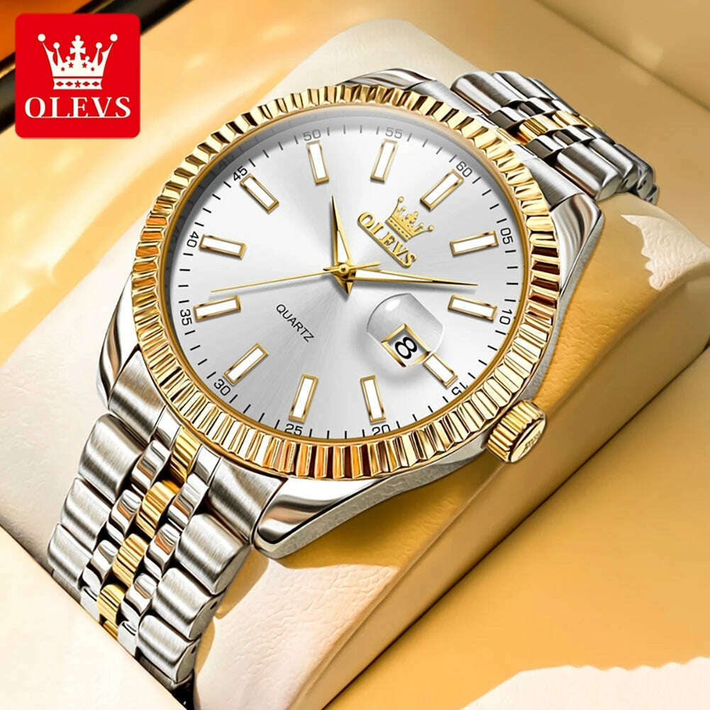 OLEVS Couple Watch Gold Stainless Steel Strap Quartz Watch His and Her Calendar Romantic Lover Original Luxury Male and Female - KIMLUD