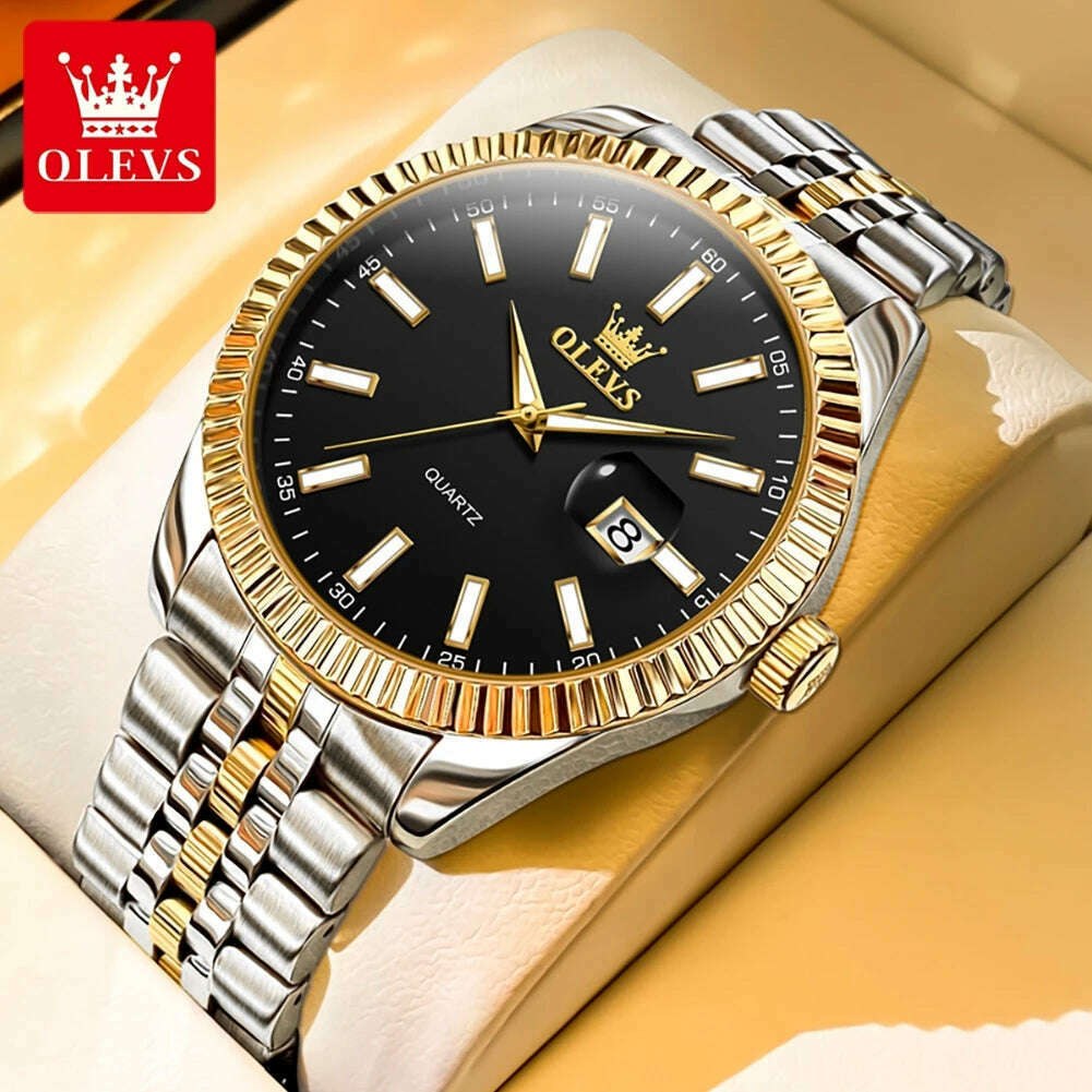 OLEVS Couple Watch Gold Stainless Steel Strap Quartz Watch His and Her Calendar Romantic Lover Original Luxury Male and Female - KIMLUD