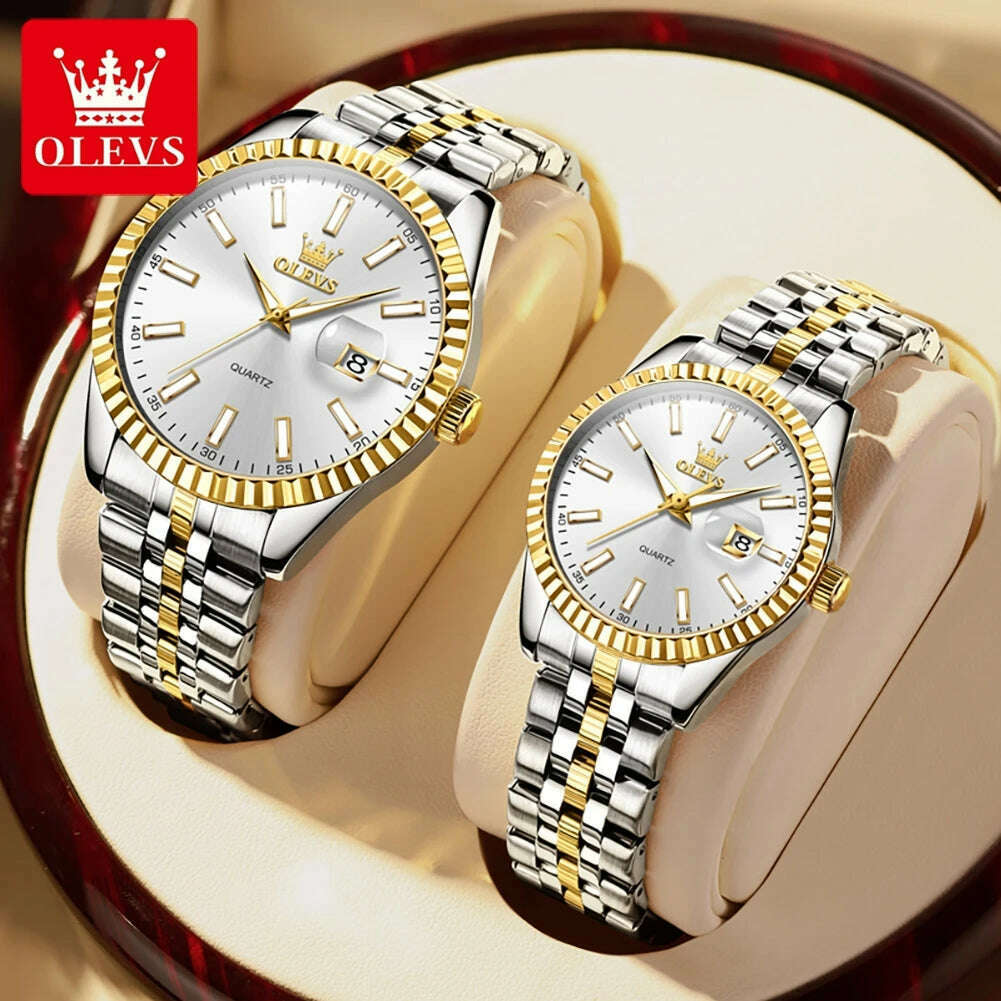 KIMLUD, OLEVS Couple Watch Gold Stainless Steel Strap Quartz Watch His and Her Calendar Romantic Lover Original Luxury Male and Female, CP-white / CHINA, KIMLUD APPAREL - Womens Clothes