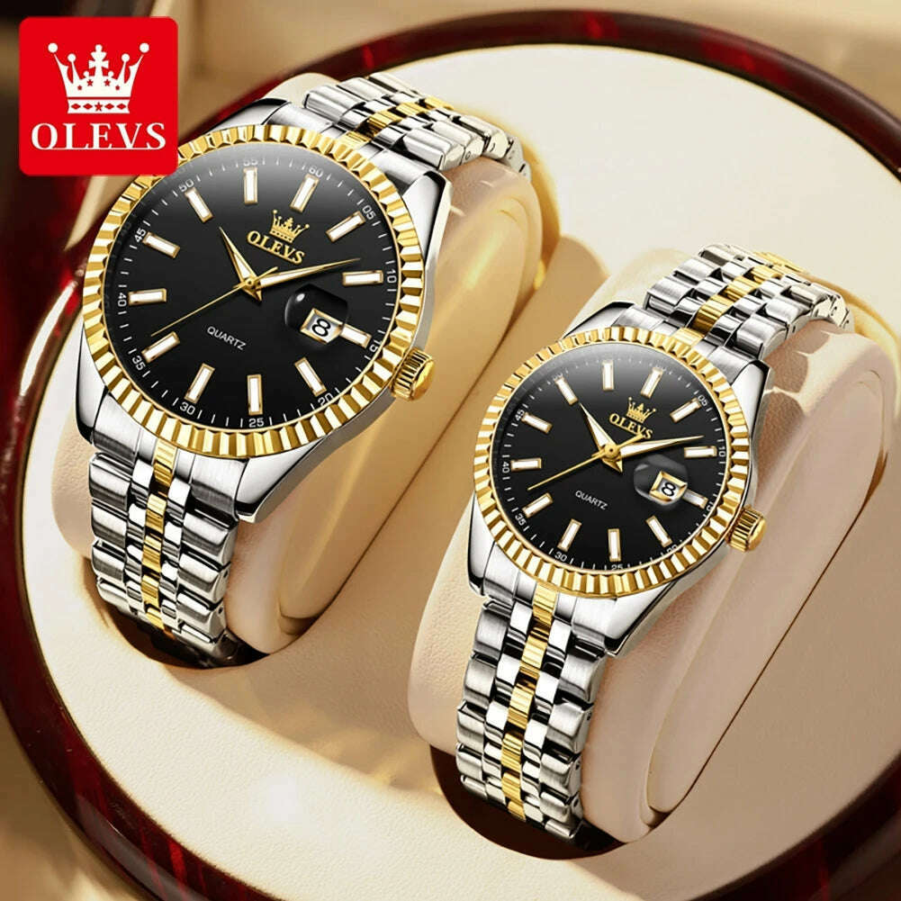 OLEVS Couple Watch Gold Stainless Steel Strap Quartz Watch His and Her Calendar Romantic Lover Original Luxury Male and Female - KIMLUD