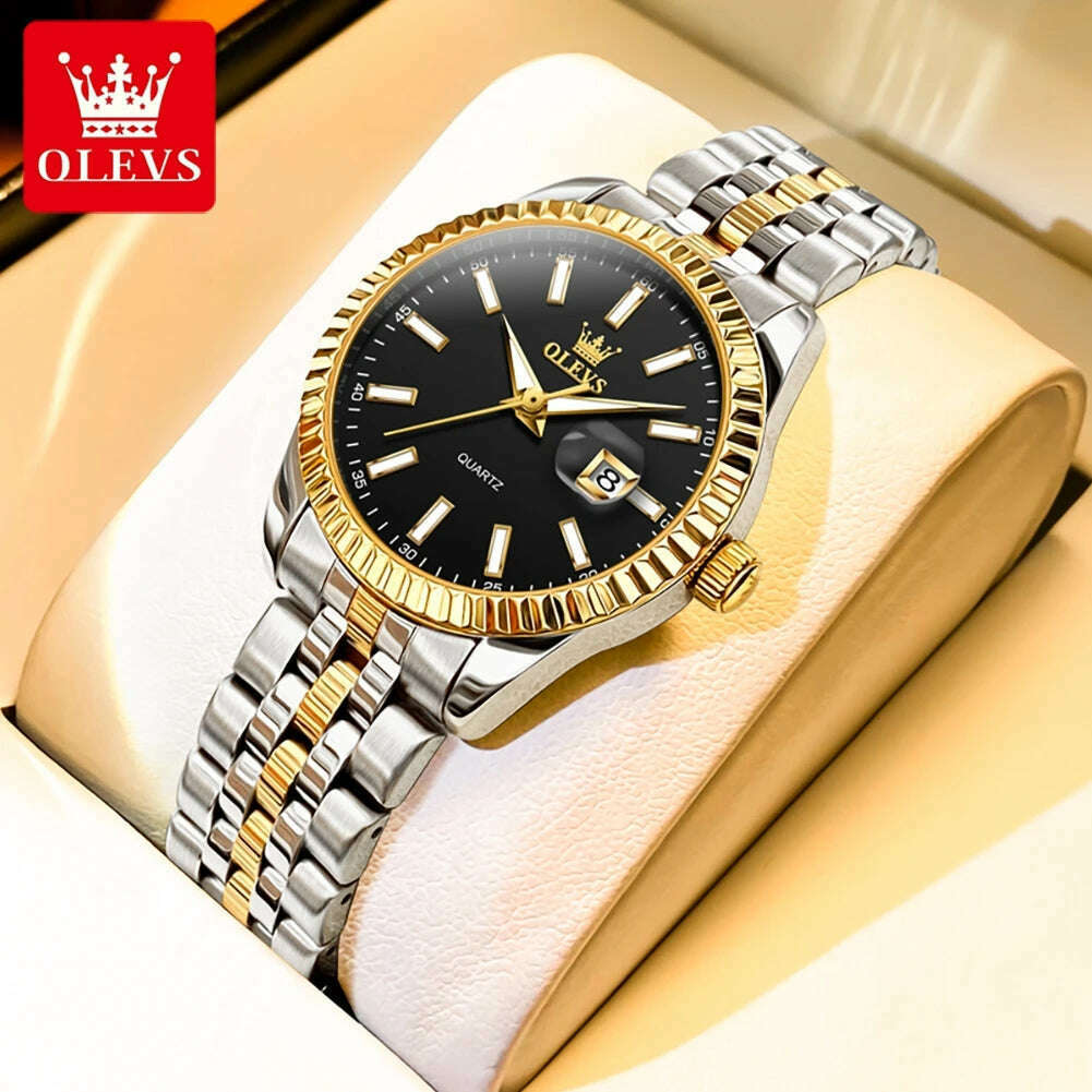 OLEVS Couple Watch Gold Stainless Steel Strap Quartz Watch His and Her Calendar Romantic Lover Original Luxury Male and Female - KIMLUD