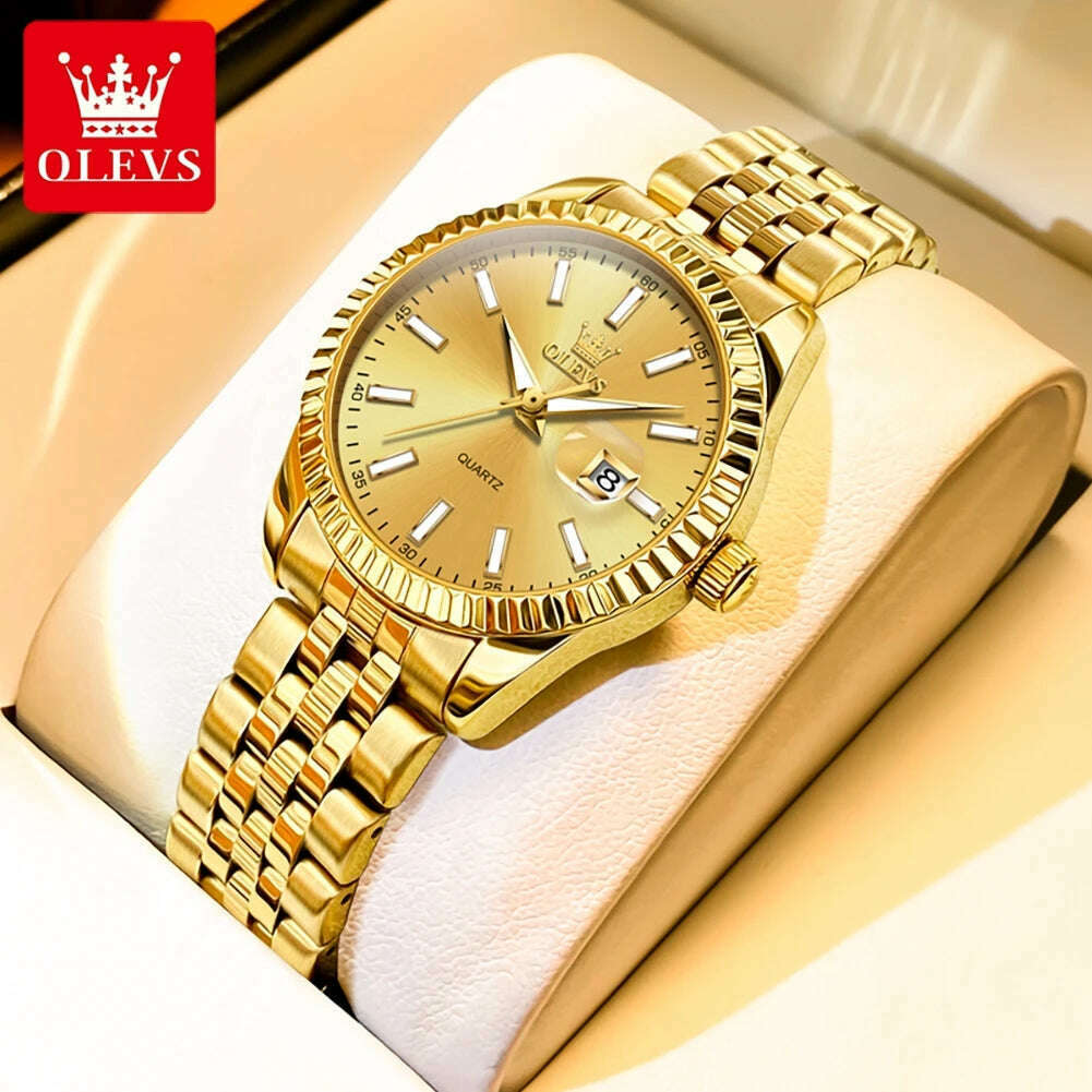 KIMLUD, OLEVS Couple Watch Gold Stainless Steel Strap Quartz Watch His and Her Calendar Romantic Lover Original Luxury Male and Female, W-gold / CHINA, KIMLUD APPAREL - Womens Clothes